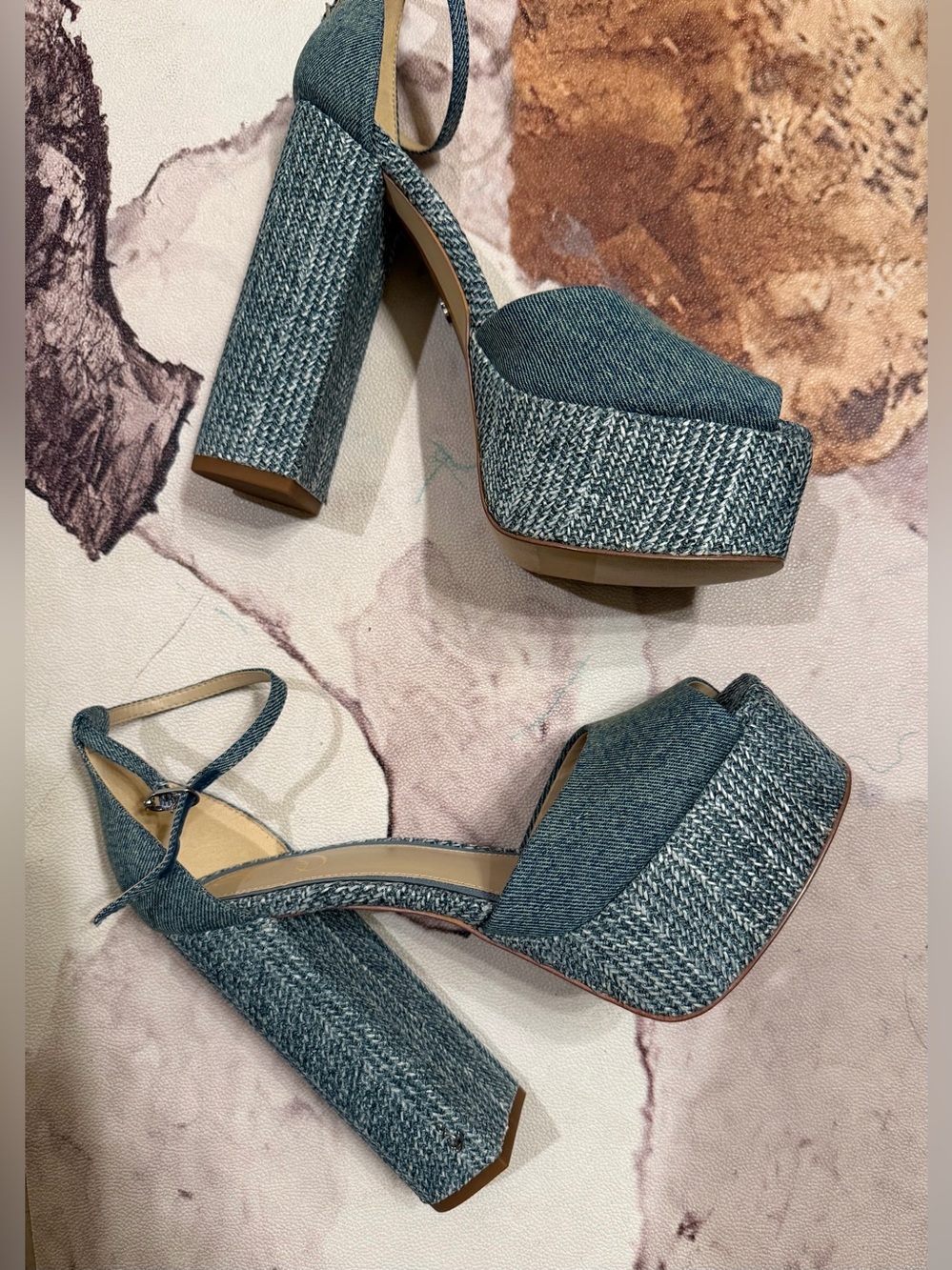 Sam Edelman Denim Platform Peep-Toe Ankle-Strap Sandal - Picture 2 of 3